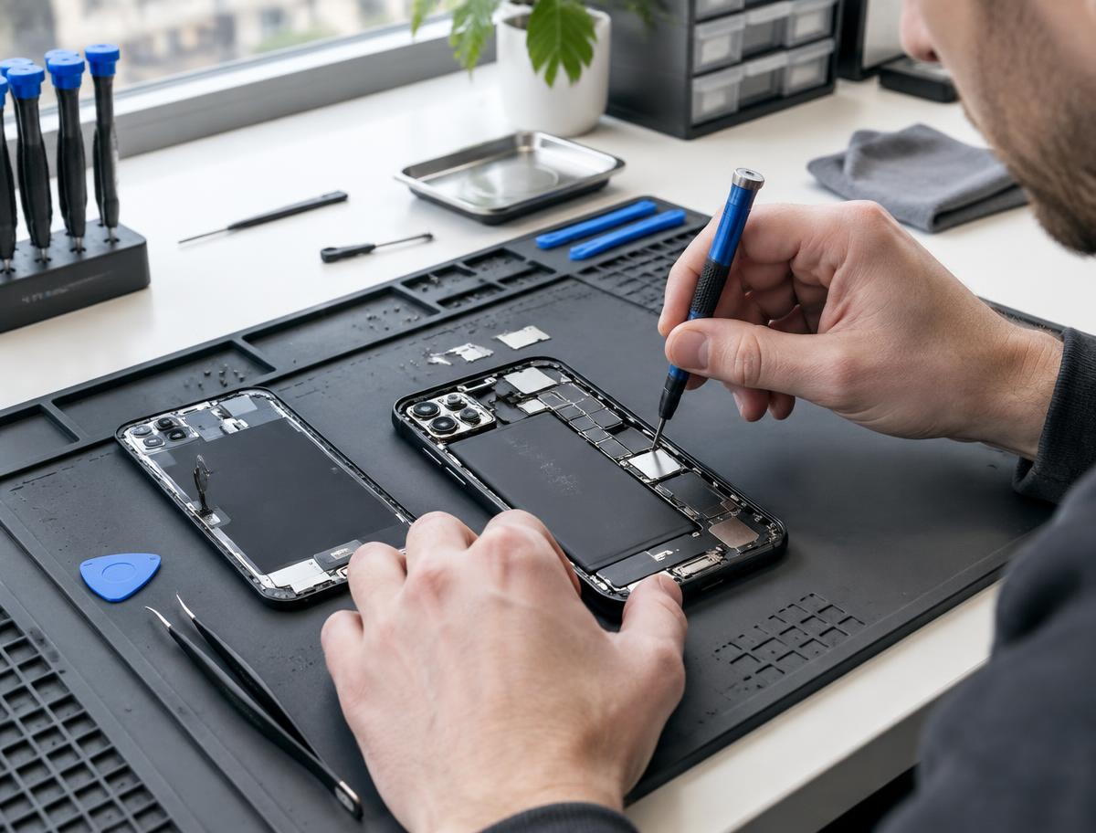 Smartphone-Reparatur an einer Werkbank